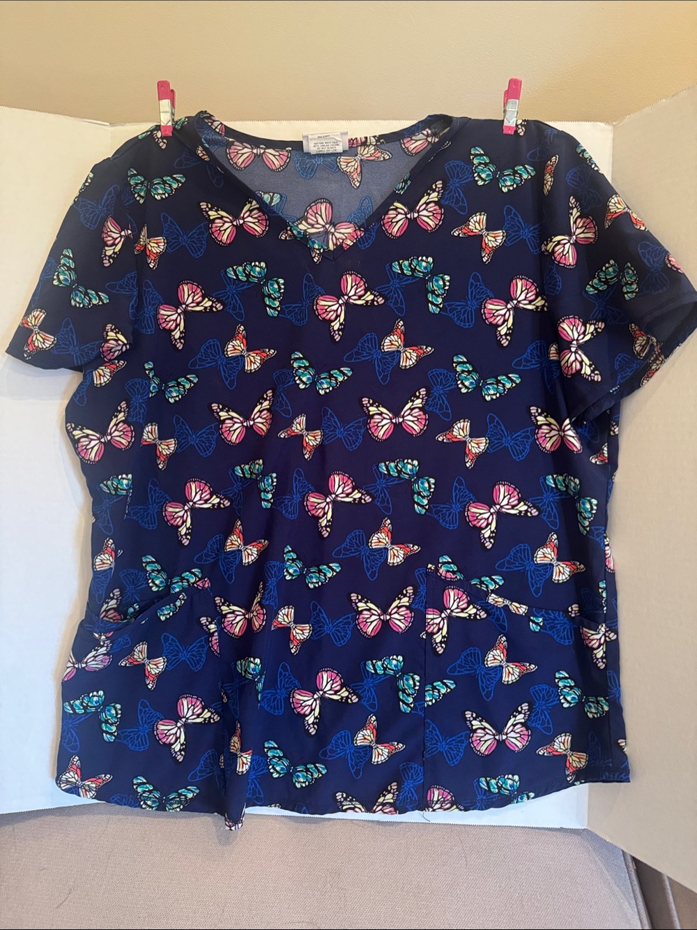 Scrubstar Navy Butterfly Print Women’s Medical Uniform Scrub Top